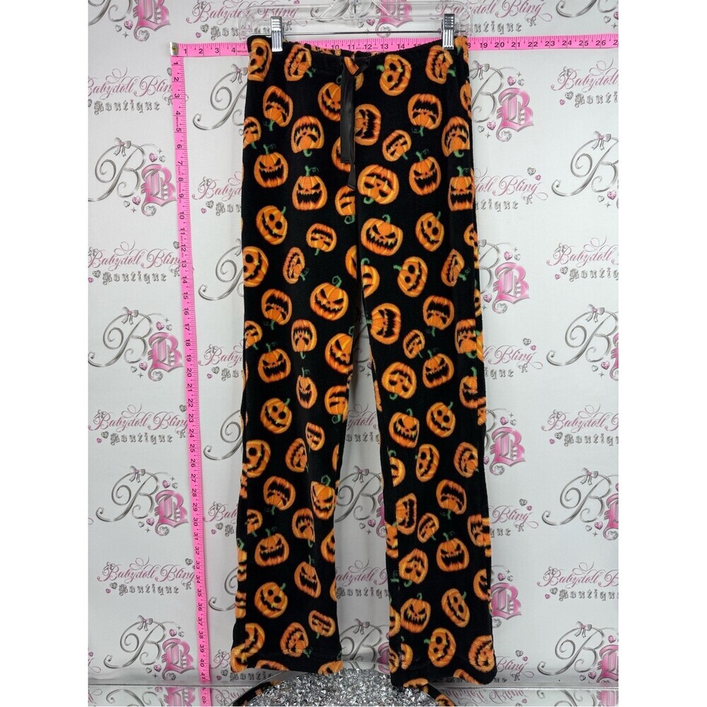 Weekend edition pants soft Black Fleece Pajama Pants with Orange Pumpkin Print